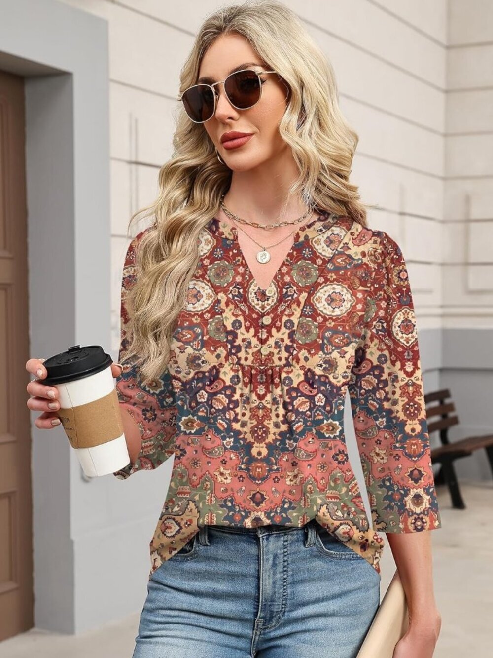 Women's 3/4 Length Sleeve Tops Dressy Casual Henley V-Neck Tops Rainbow Stripe - Picture 4 of 5
